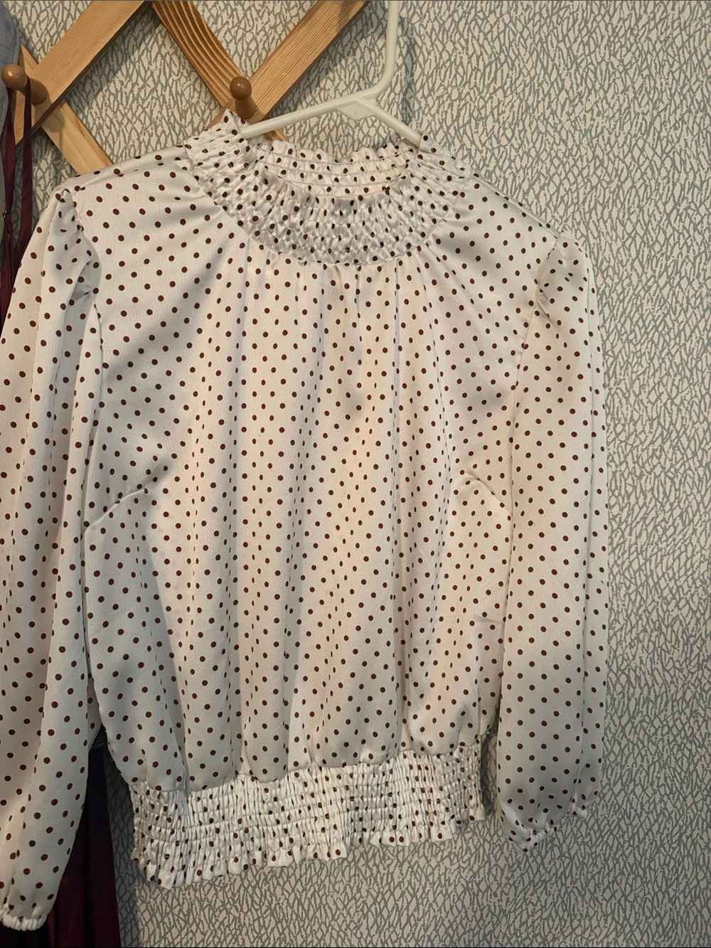 Women's White Polka Dot Smocked Neck Blouse - Brown Dot